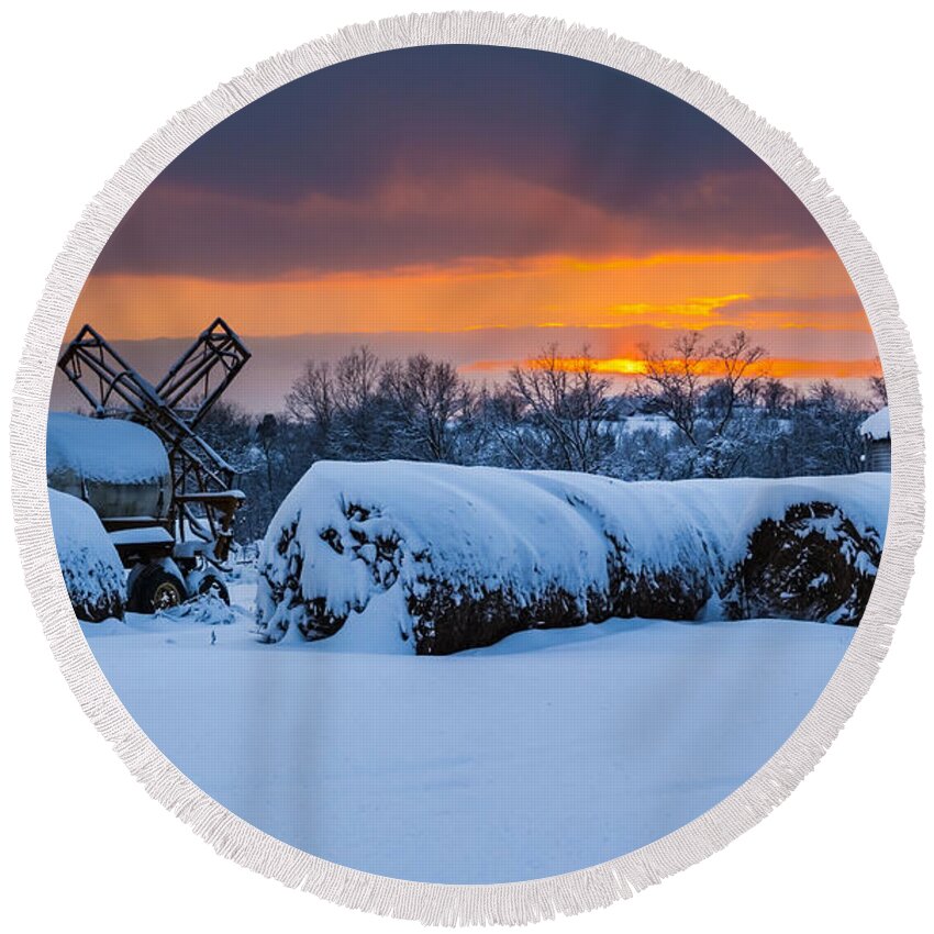 Snow Round Beach Towel featuring the photograph Winter Sunset on the Farm by Holden The Moment