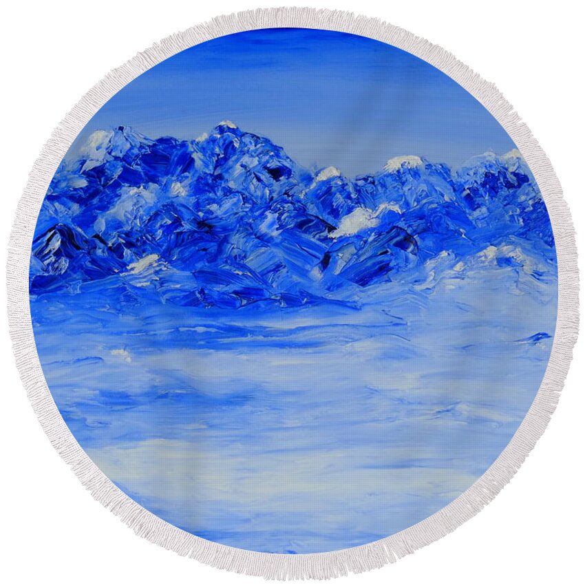 Blue Mountains Round Beach Towel featuring the painting Winters Frosty Hues by Cheryl Nancy Ann Gordon