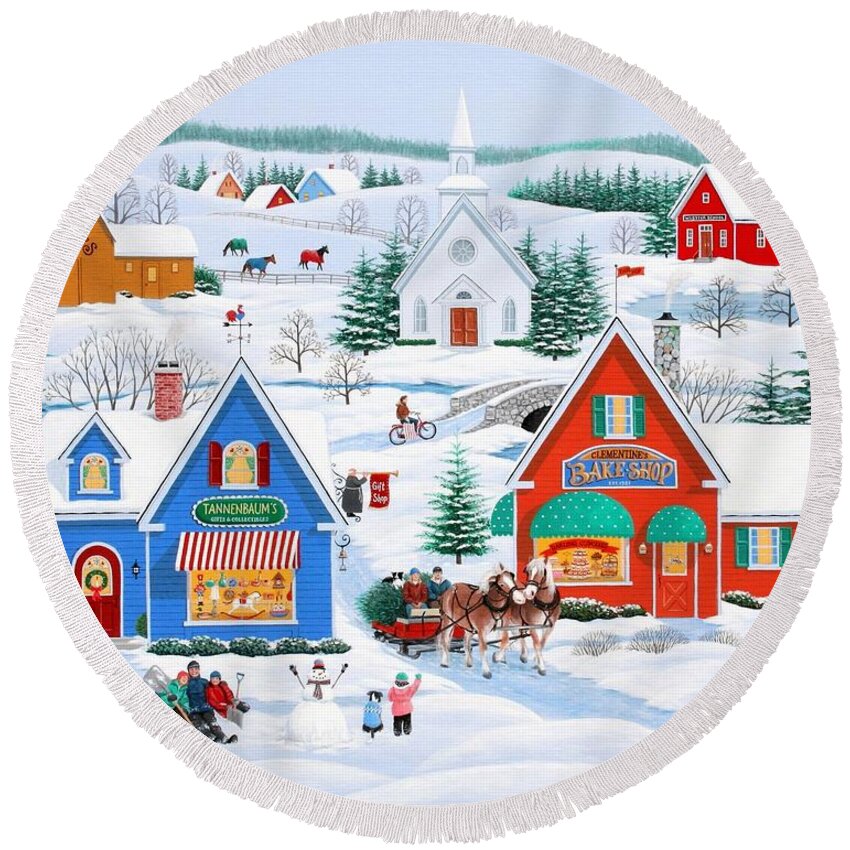 Folk Art Round Beach Towel featuring the painting Wintertime in Sugarcreek by Wilfrido Limvalencia