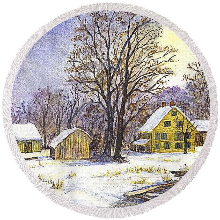 Christmas Cards Round Beach Towel featuring the painting Wintertime in The Country by Carol Wisniewski
