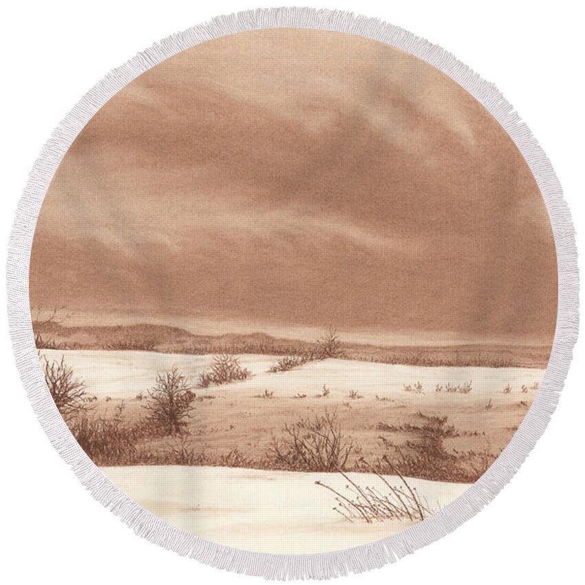 Landscape Round Beach Towel featuring the painting Wintry Meadow by Peter Rashford