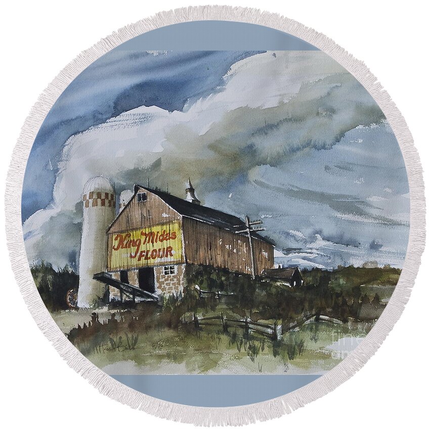 Wisconsin Barn. With King Midas Flour Advertising On It. Round Beach Towel featuring the painting Wisconsin Barn King Midas Advertising by Robert Birkenes