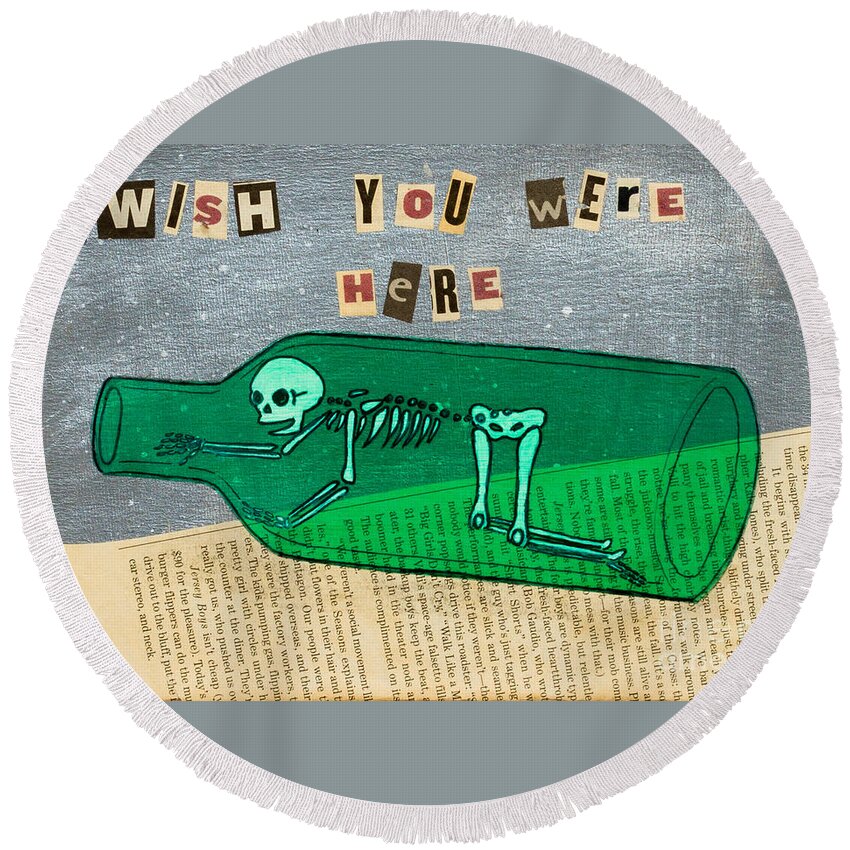 Grey Round Beach Towel featuring the painting Wish you were here by Stefanie Forck