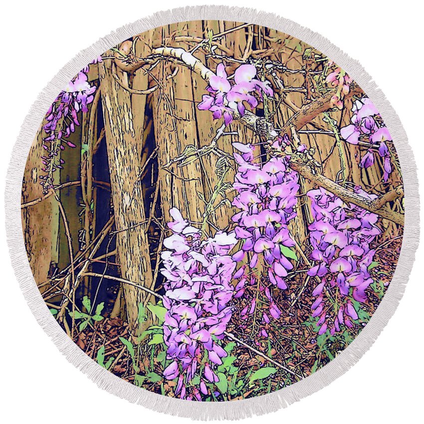 Rebecca Korpita Round Beach Towel featuring the photograph Wisteria and Old Fence by Rebecca Korpita