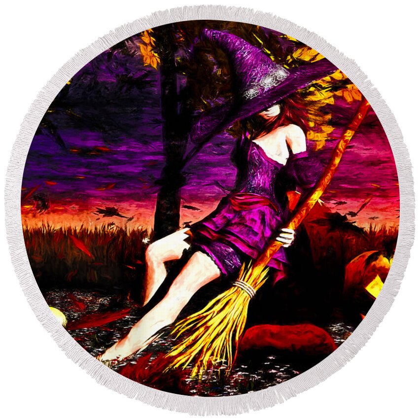 Pumpkin Patch Round Beach Towel featuring the painting Witch in the pumpkin patch by Bob Orsillo