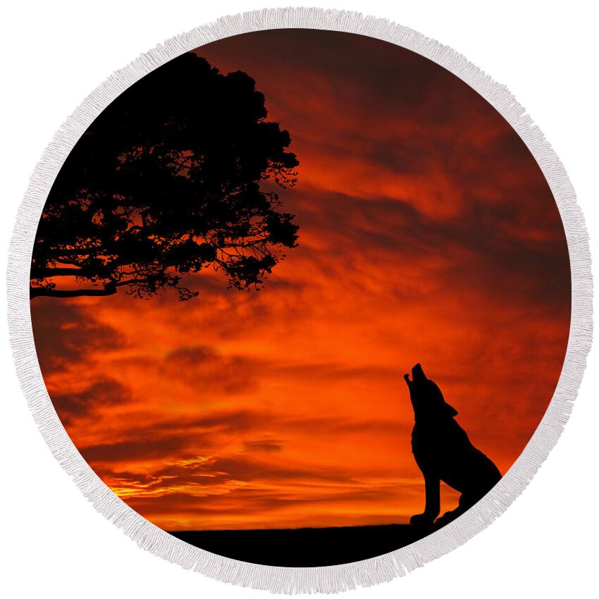 Wolf Round Beach Towel featuring the photograph Wolf Calling For Mate Sunset Silhouette Series by David Dehner