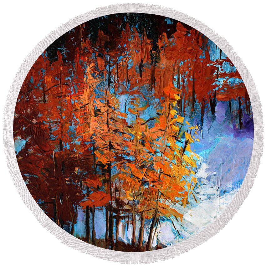 Abstract Winter Landscape Round Beach Towel featuring the painting Wolf Country by Nancy Merkle
