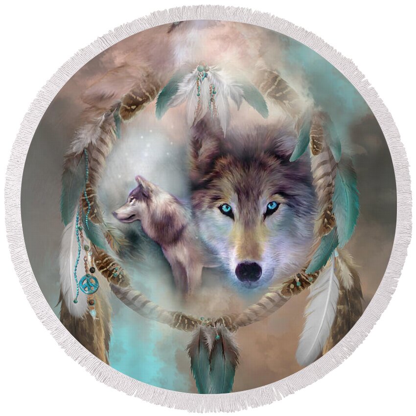 Carol Cavalaris Round Beach Towel featuring the mixed media Wolf - Dreams Of Peace by Carol Cavalaris