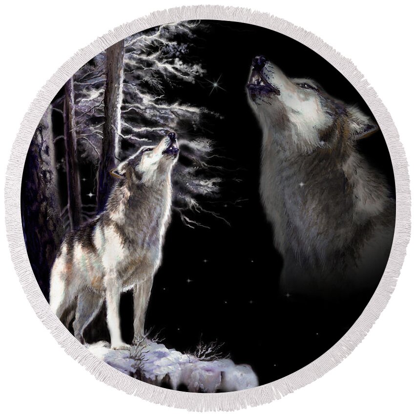 Original Wildlife Acrylic Painting By Gina Femrite Round Beach Towel featuring the painting Wolf howling memory by Regina Femrite