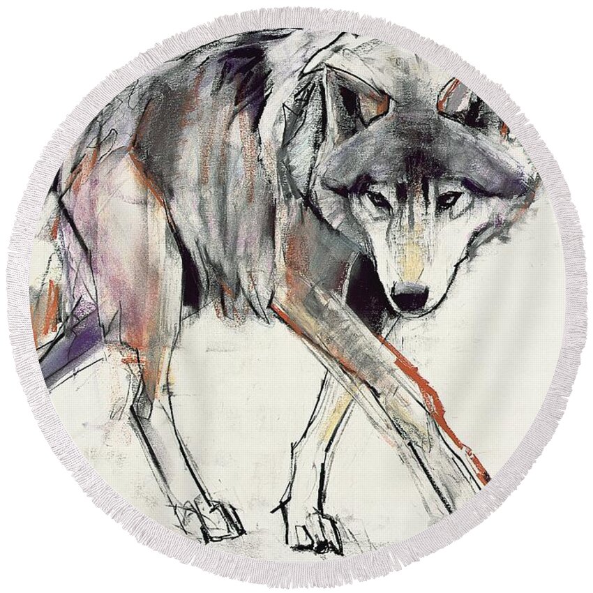Wolf Round Beach Towel featuring the painting Wolf by Mark Adlington