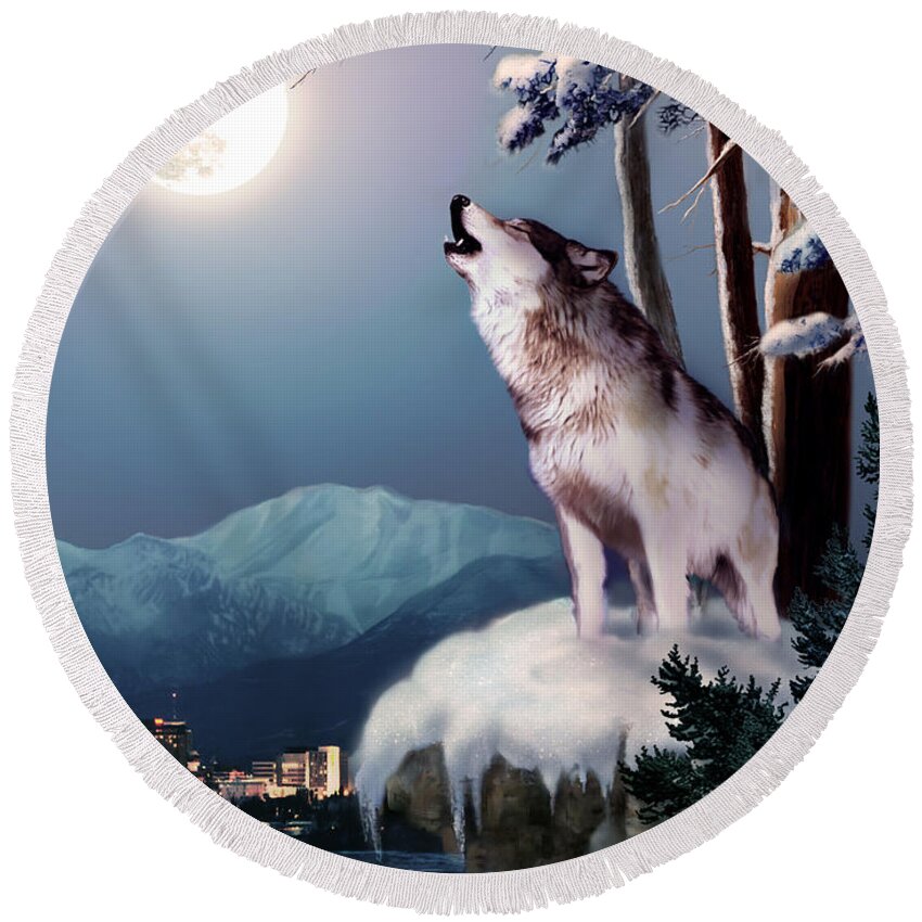 Wildlife Howling Wolf And Skyline Anchorage Print Round Beach Towel featuring the painting Wolf on the Doorstep of Civilization by Regina Femrite