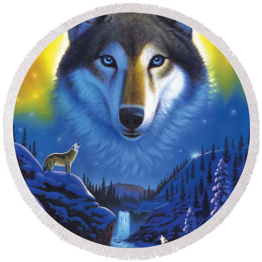 Wolf Round Beach Towel featuring the photograph Wolf Snow Mountain by MGL Meiklejohn Graphics Licensing