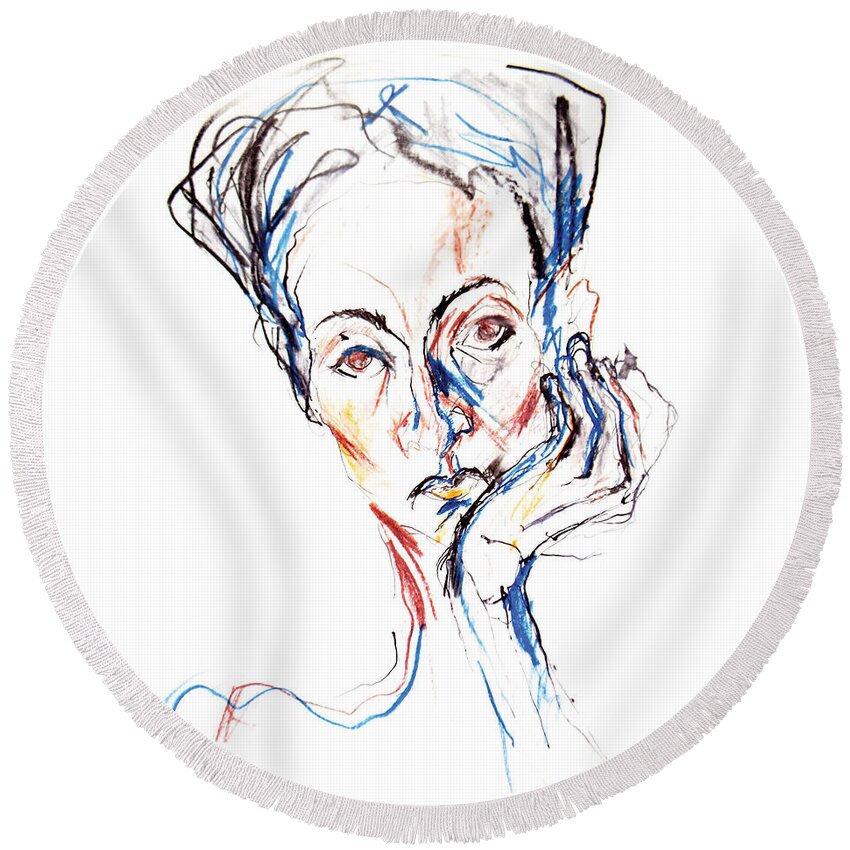 Original Painting Round Beach Towel featuring the drawing Woman expression by Marian Voicu