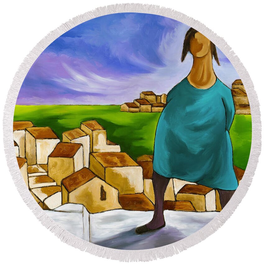 Mediterranean Woman Round Beach Towel featuring the painting Woman On Village Steps by William Cain