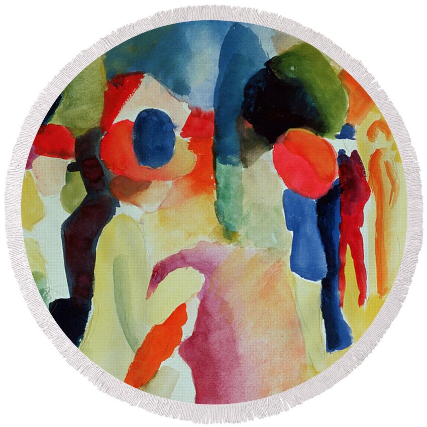 Macke Round Beach Towel featuring the painting Woman With A Yellow Jacket by August Macke