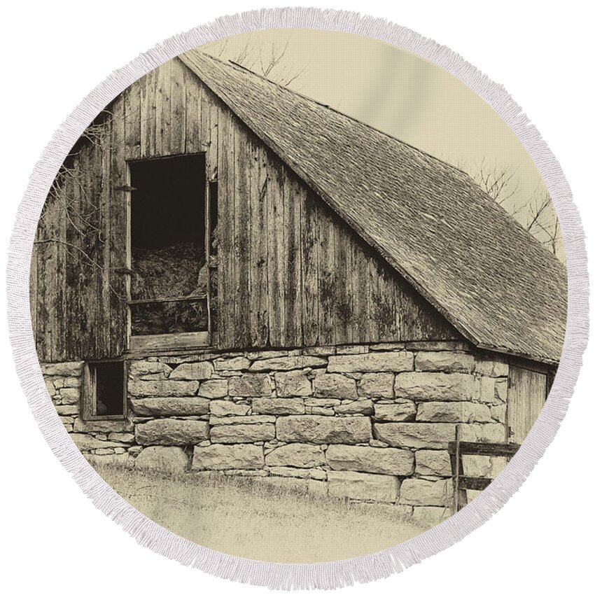 Barn Round Beach Towel featuring the photograph Wood and Stone by Pam Holdsworth