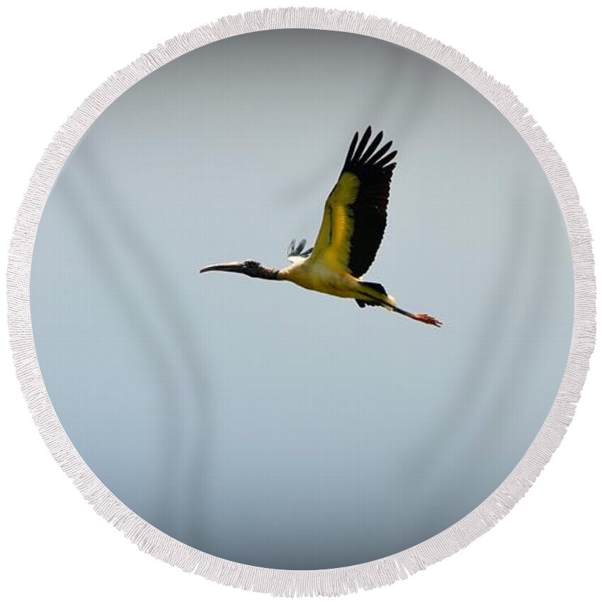 Wood Stork Round Beach Towel featuring the photograph Wood Stork in Flight with Vignette Effect by Richard Bryce and Family