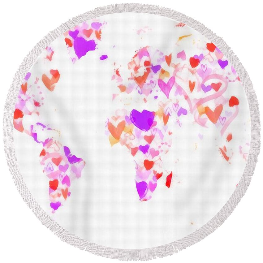  Spot Round Beach Towel featuring the painting World map love hearts by Eti Reid