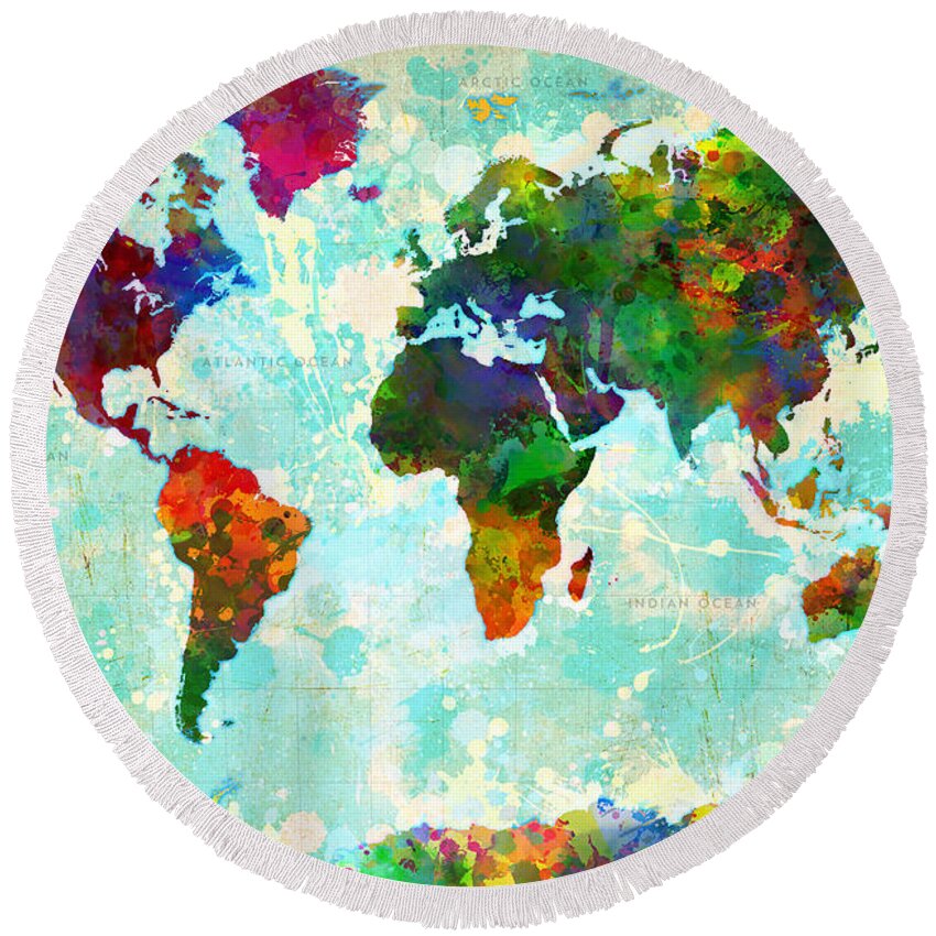 Map Of The World Round Beach Towel featuring the painting World Map Splatter design by Gary Grayson