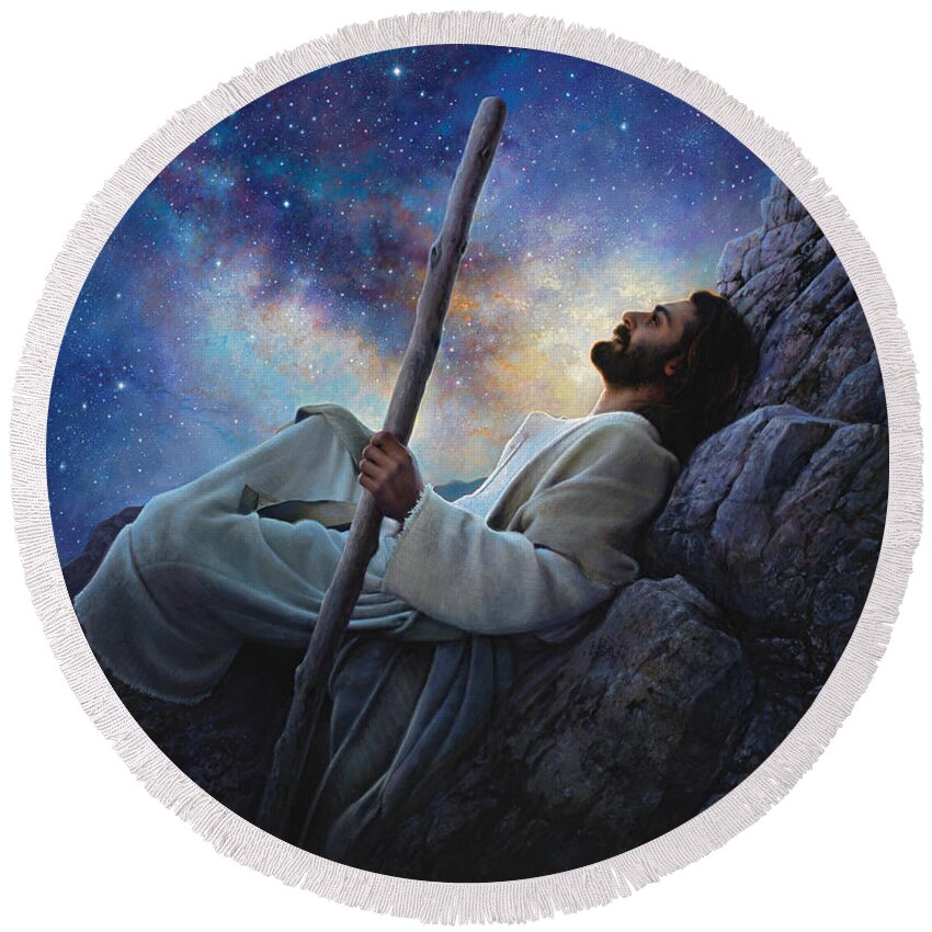 #faaAdWordsBest Round Beach Towel featuring the painting Worlds Without End by Greg Olsen