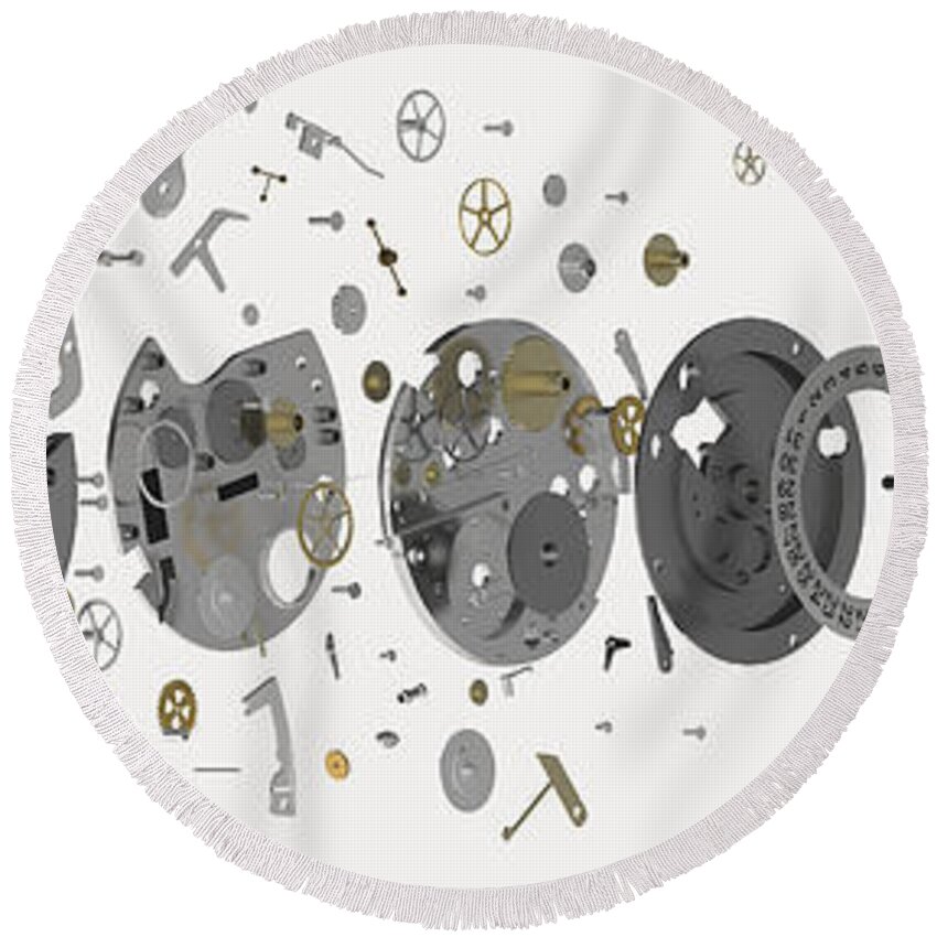 Arrangement Round Beach Towel featuring the photograph Wristwatch, Exploded-view Diagram by Nikid Design Ltd / Dorling Kindersley