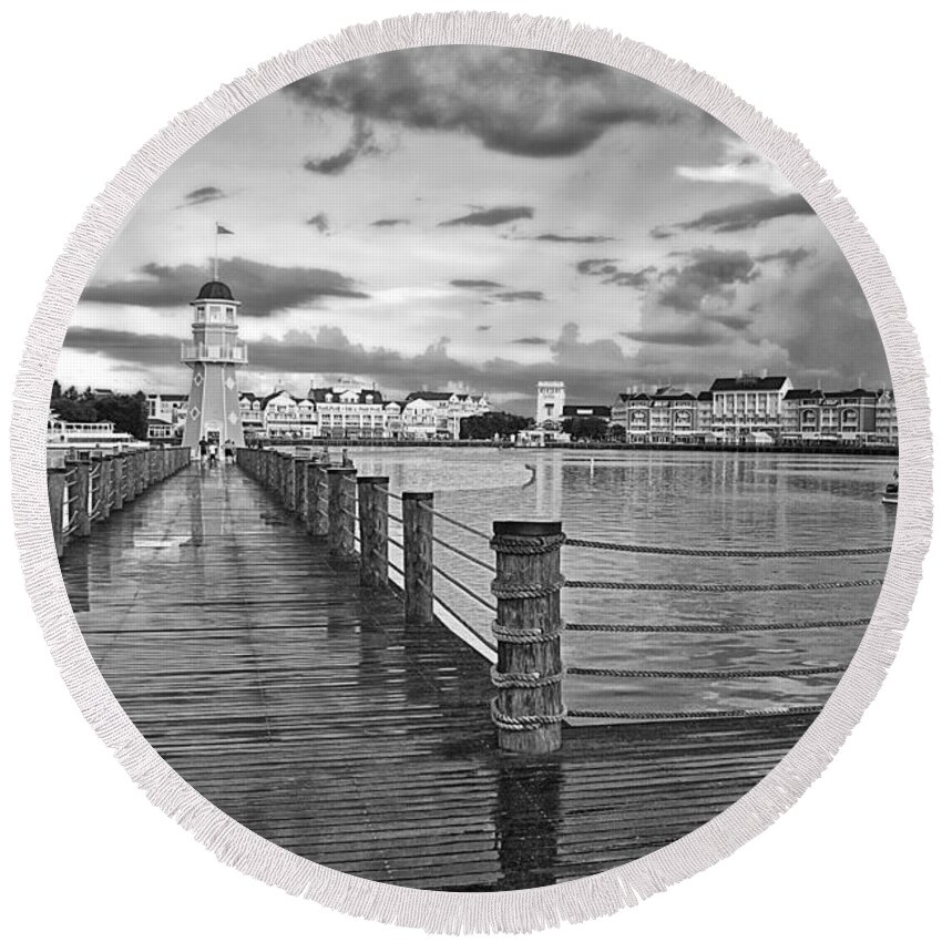 Black And White Round Beach Towel featuring the photograph Yacht and Beach Lighthouse in Black and White Walt Disney World by Thomas Woolworth
