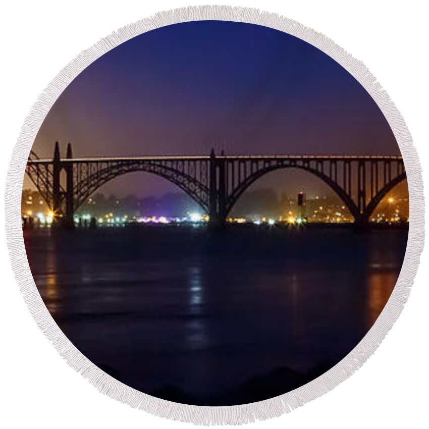Yaquina Bay Round Beach Towel featuring the photograph Yaquina Bay Bridge At Night by James Eddy