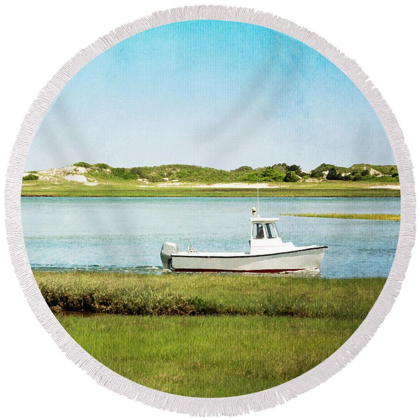 Cape Cod Round Beach Towel featuring the photograph Yarmouth Port Fishing Boat in Green and Blue by Brooke T Ryan