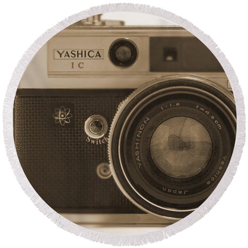 Classic Film Camera Round Beach Towel featuring the photograph Yashica Lynx 5000E 35mm Camera by Mike McGlothlen