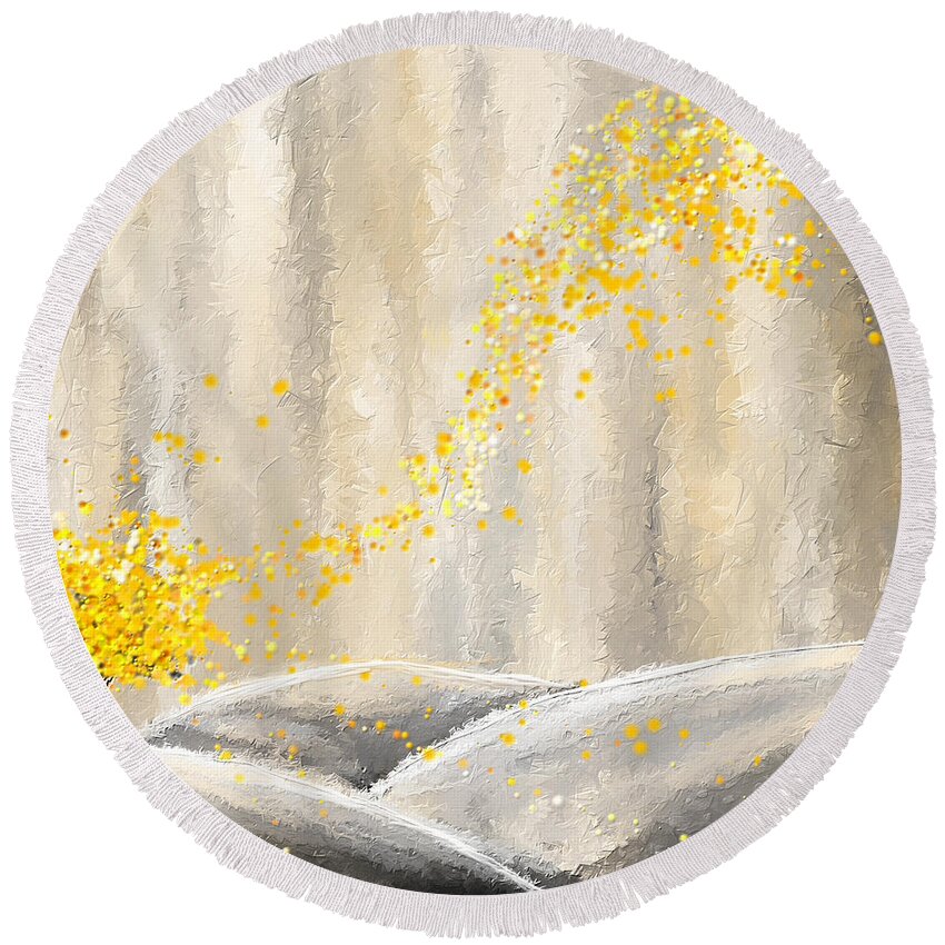 Yellow Round Beach Towel featuring the painting Yellow And Gray Landscape by Lourry Legarde