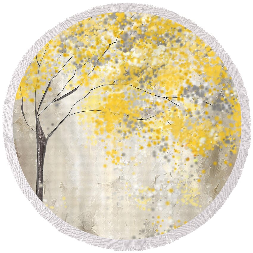 Yellow Round Beach Towel featuring the painting Yellow And Gray Tree by Lourry Legarde