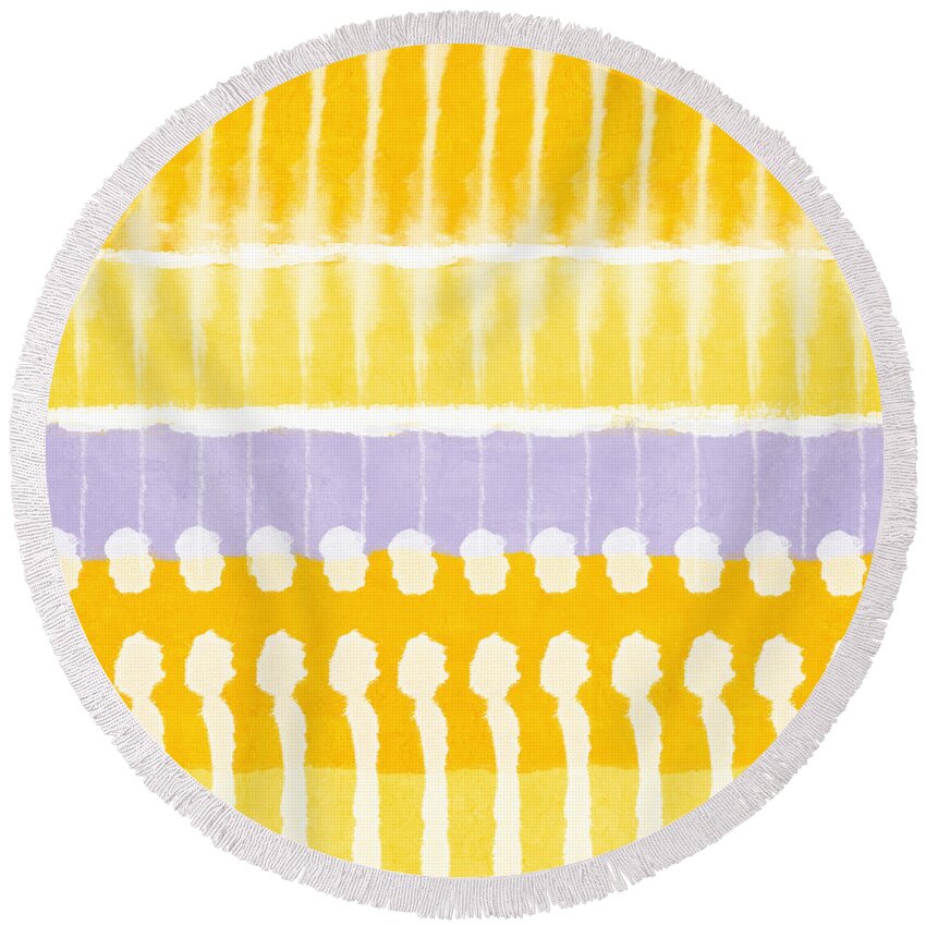 Abstract Round Beach Towel featuring the painting Yellow and Grey Tie Dye by Linda Woods