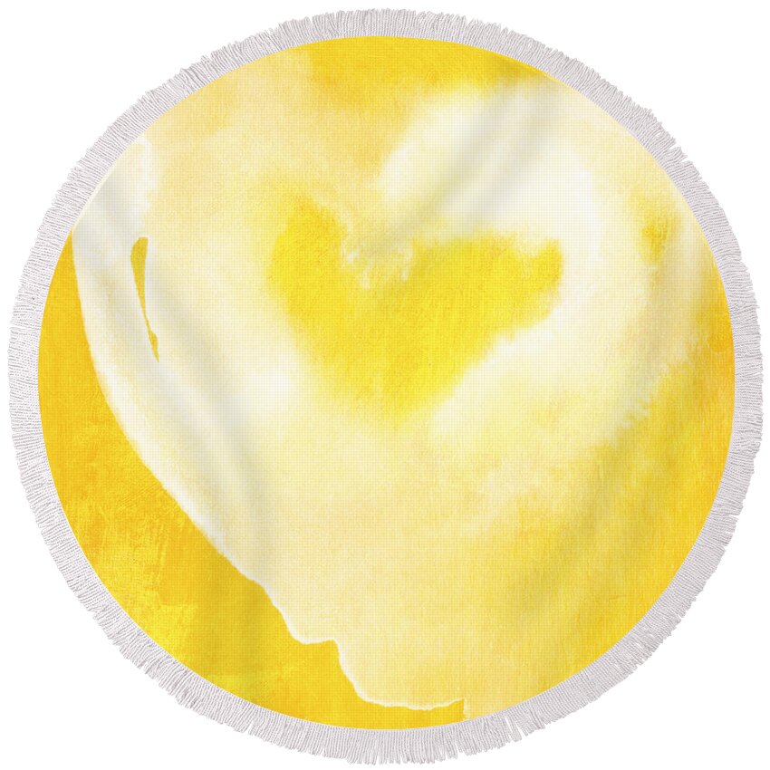 Love Round Beach Towel featuring the mixed media Yellow and White Love- Heart art by Linda Woods by Linda Woods