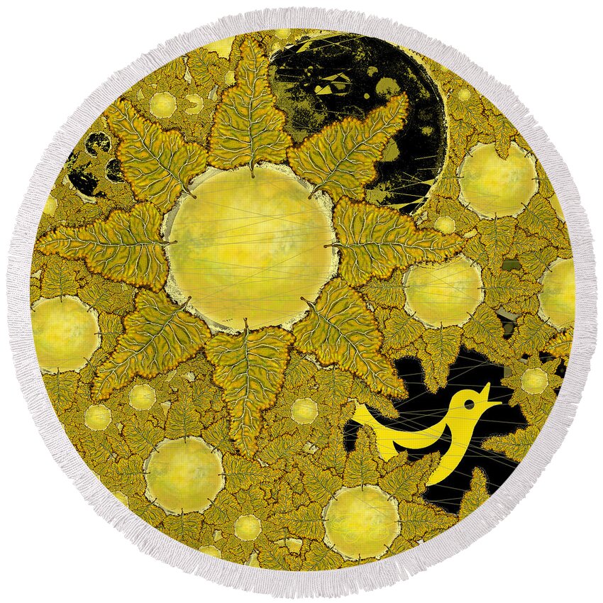 Bird Round Beach Towel featuring the digital art Yellow Bird sings in the Sunflowers by Carol Jacobs