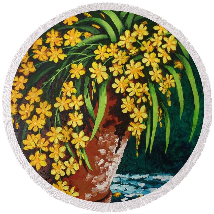 Print Round Beach Towel featuring the painting Yellow Cascade by Katherine Young-Beck