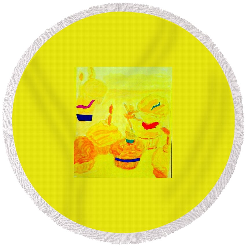Yellow Cupcakes Round Beach Towel featuring the painting Yellow Cupcakes by Suzanne Berthier