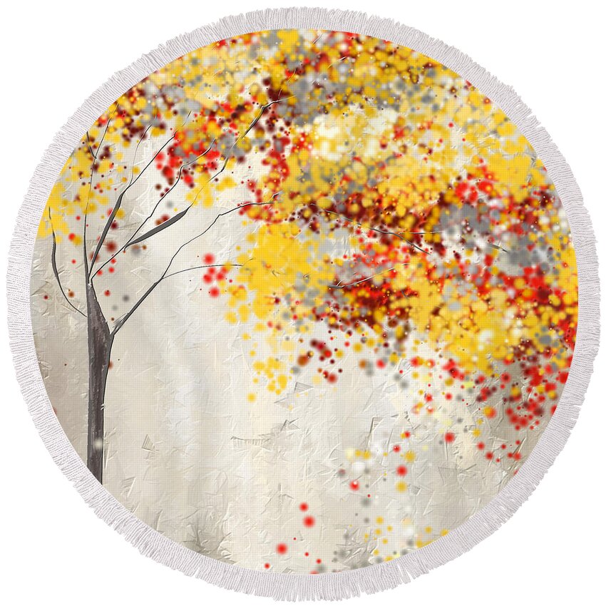 Red And Gray Round Beach Towel featuring the painting Yellow Gray and Red by Lourry Legarde
