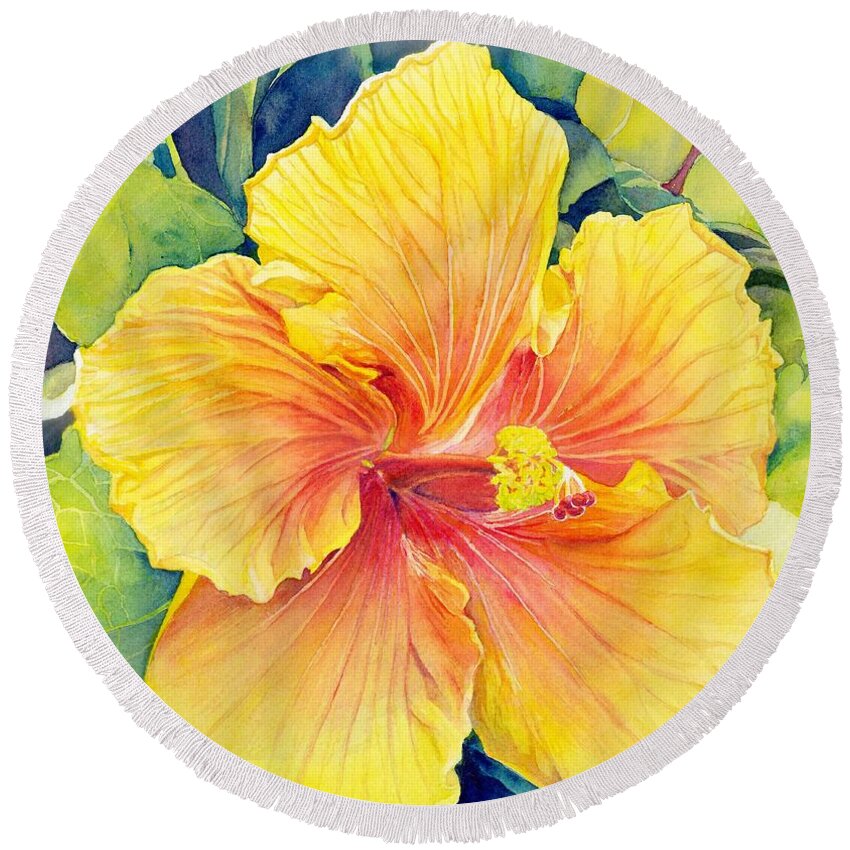Yellow Flower Round Beach Towel featuring the painting Yellow Hibiscus by Brenda Beck Fisher