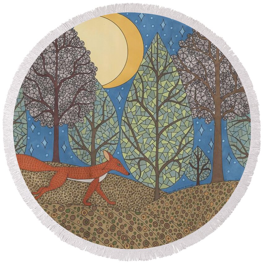 Fox Round Beach Towel featuring the drawing Yellow Moon Rising by Pamela Schiermeyer