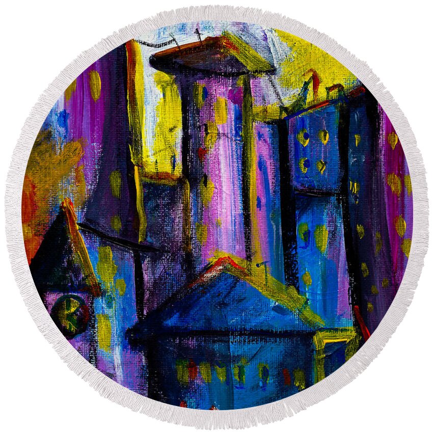 City Scape Round Beach Towel featuring the painting Yellow Sky by Maxim Komissarchik