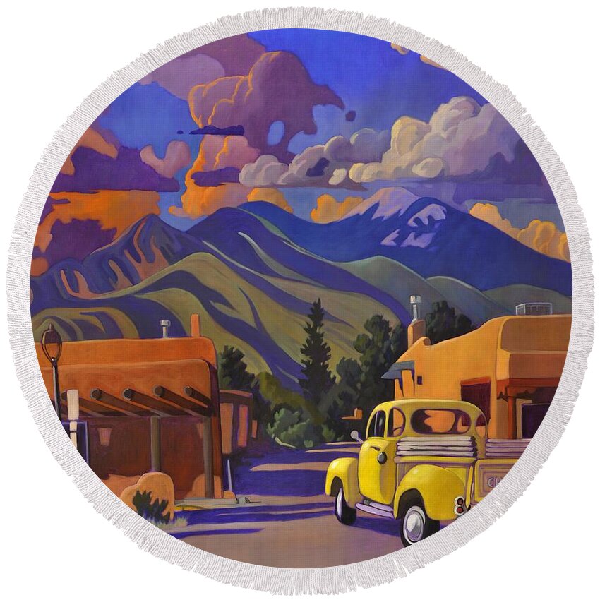 Taos Round Beach Towel featuring the painting A Yellow Truck in Taos by Art West