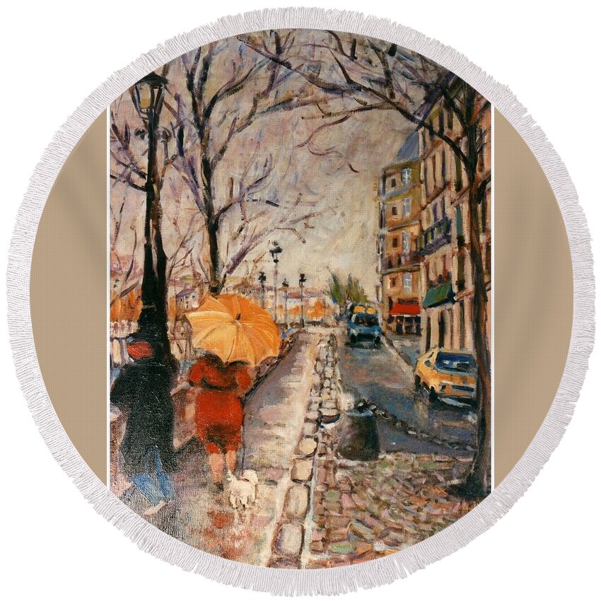 Paris Round Beach Towel featuring the painting Yellow umbrella by Walter Casaravilla