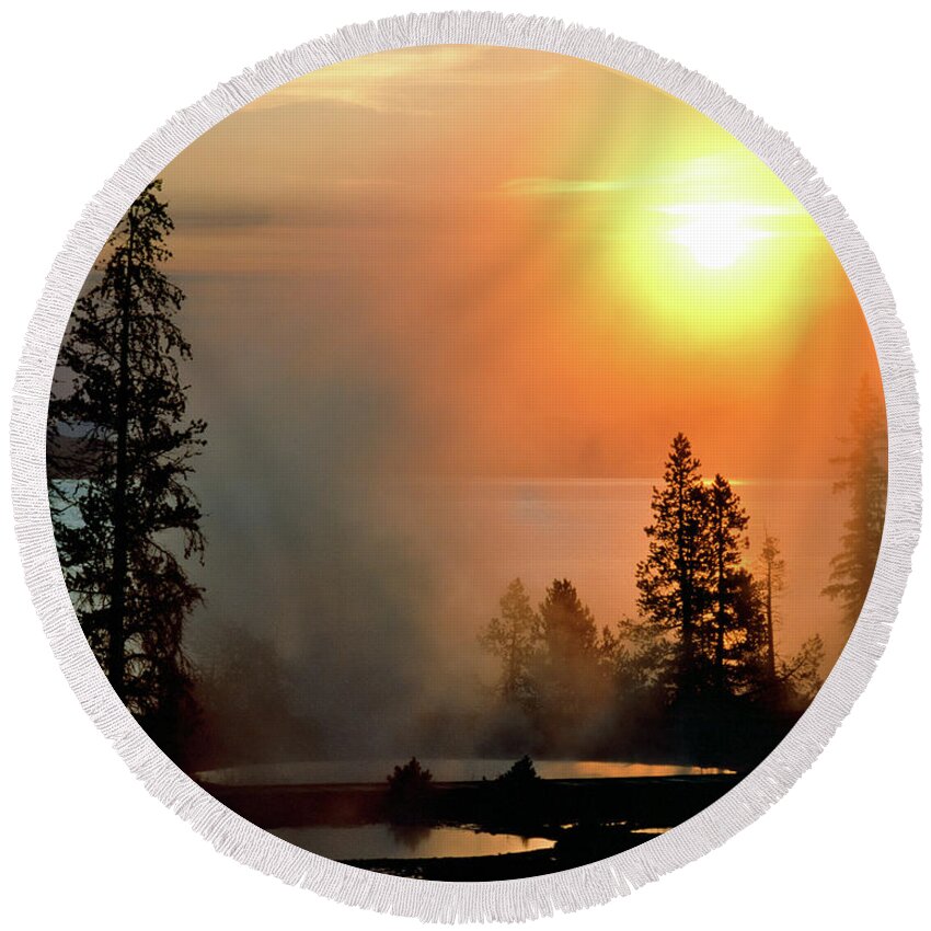 Yellowstone Lake Round Beach Towel featuring the photograph Yellowstone Lake Sunrise over West Thumb by Ed Riche