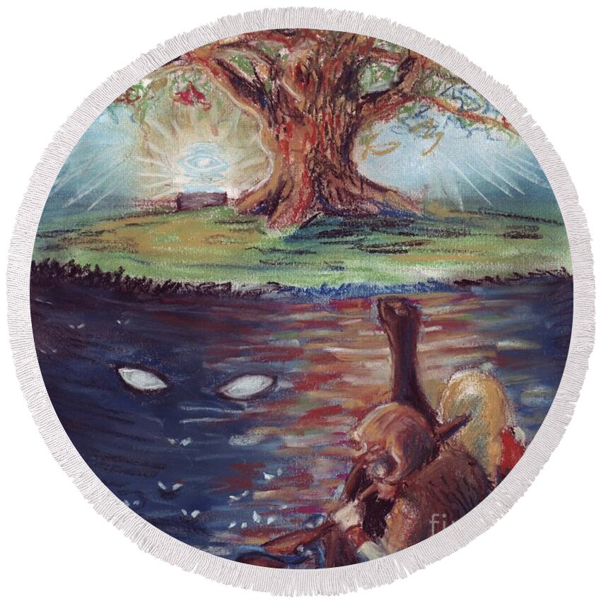 Yggdrasil Round Beach Towel featuring the pastel Yggdrasil - the Last Refuge by Samantha Geernaert