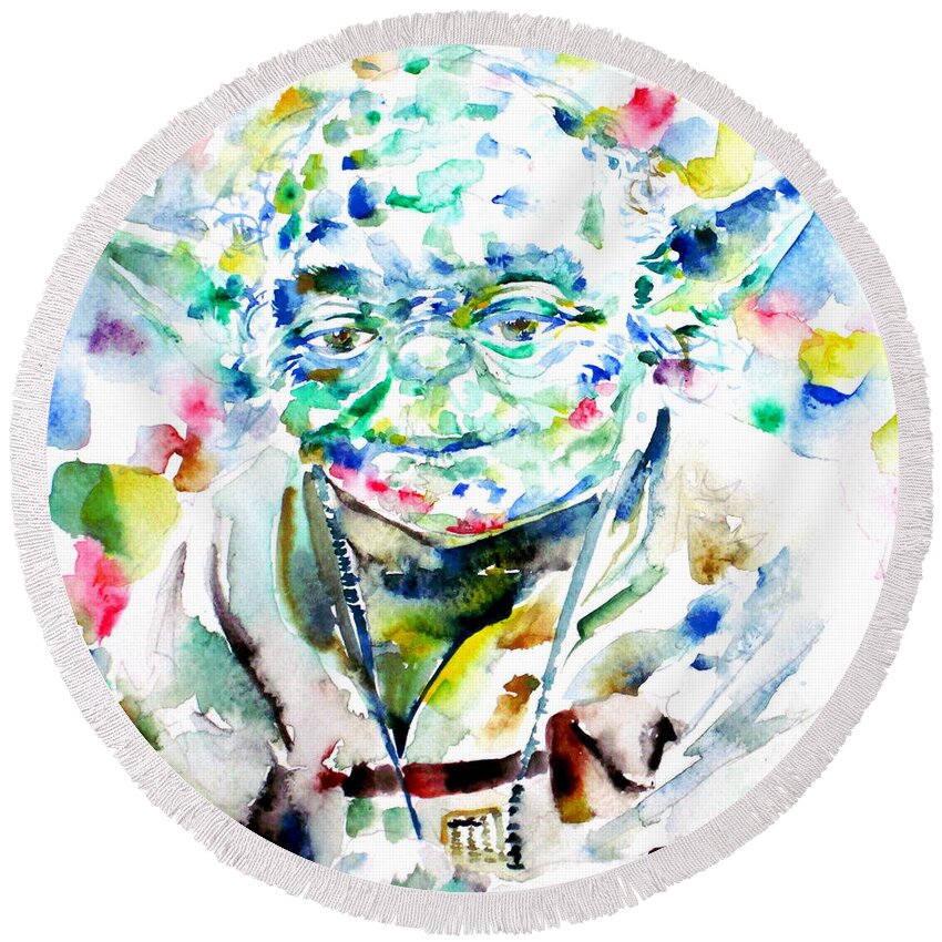 Yoda Round Beach Towel featuring the painting YODA watercolor portrait.1 by Fabrizio Cassetta