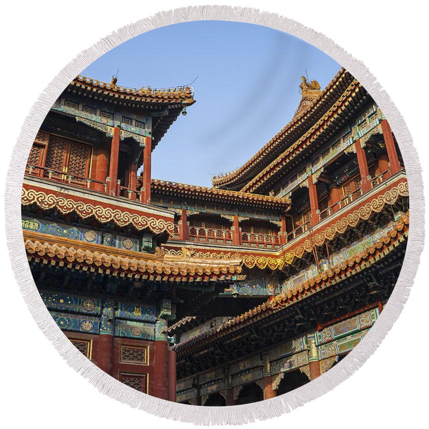 Ancient Round Beach Towel featuring the photograph Yonghe Temple AKA Lama Temple in China by Bryan Mullennix