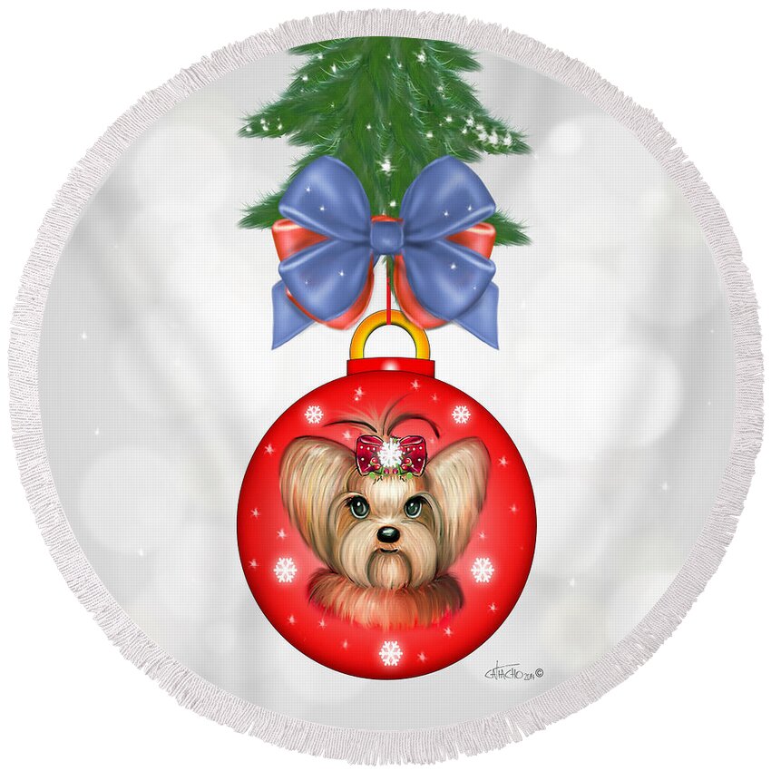 Yorkie Round Beach Towel featuring the painting Yorkie Ornament by Catia Lee