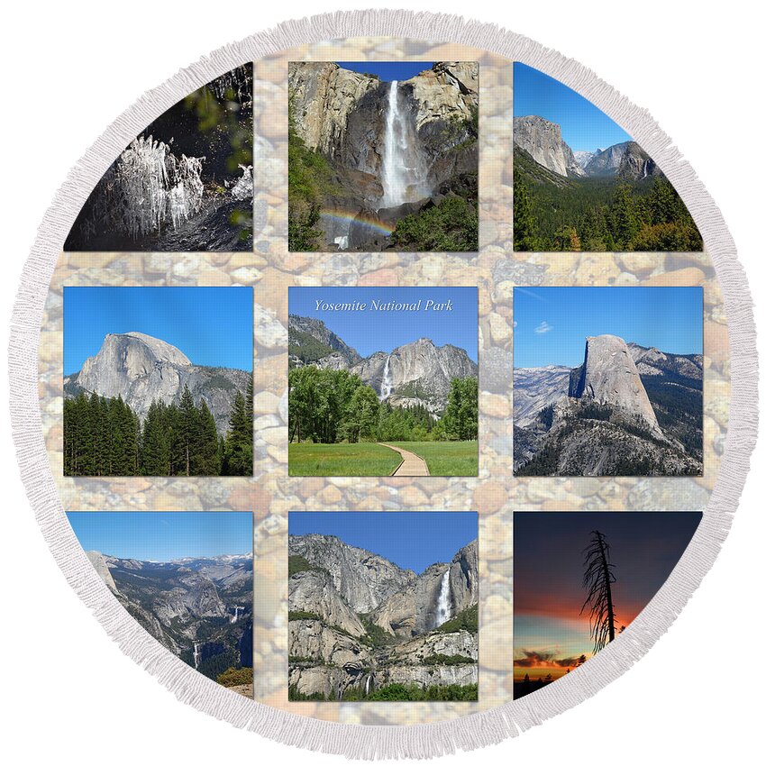 Yosemite National Park Round Beach Towel featuring the photograph Yosemite 3x3 Collage by Debra Thompson
