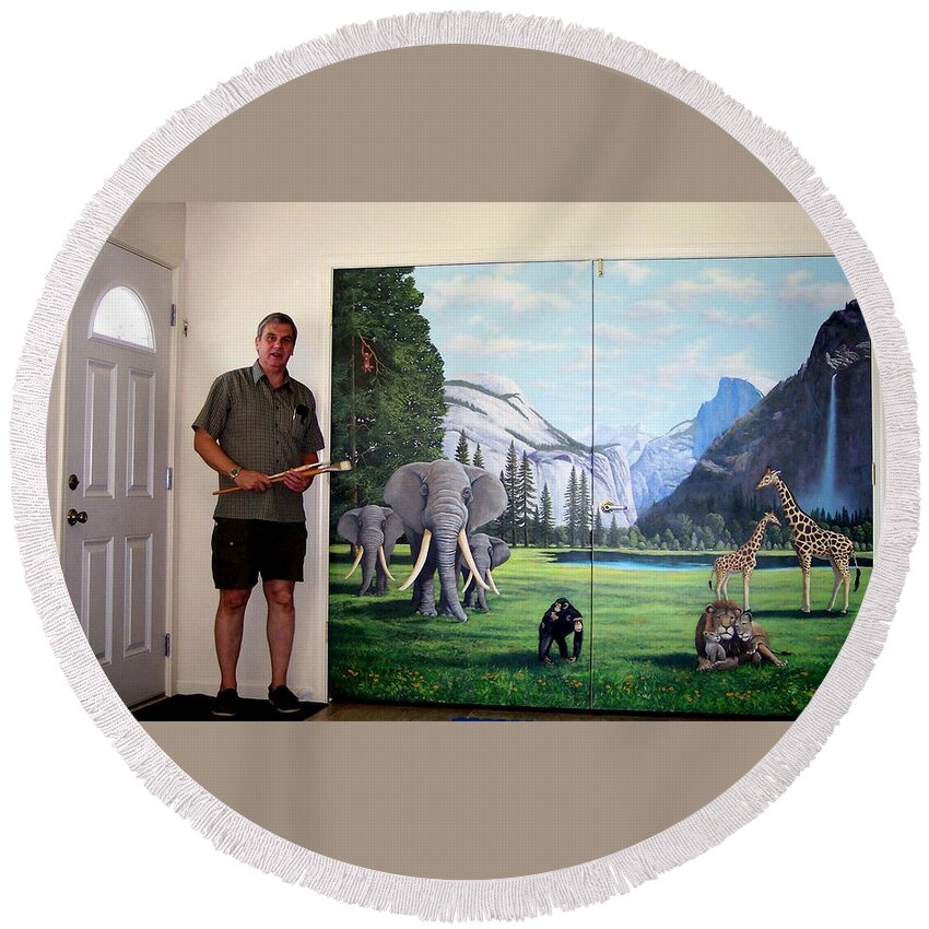 Mural Round Beach Towel featuring the painting Yosemite Dreams Mural on Doors by Frank Wilson