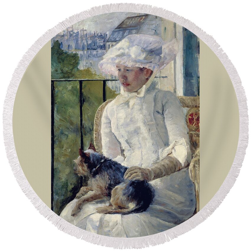 Self-portrait Round Beach Towel featuring the painting Young Girl At A Window by Celestial Images